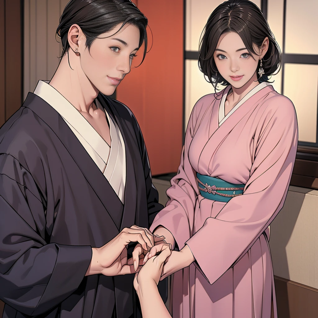 Double,Japanese Hairstyle,Photorealism,detailed,masterpiece,A boy and a girl,child,Smile and hold hands