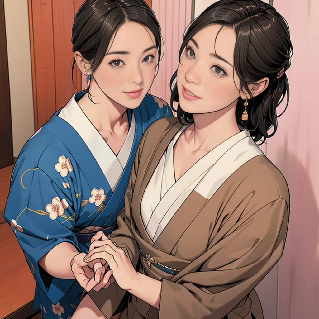 Double,Japanese Hairstyle,Photorealism,detailed,masterpiece,A boy and a girl,child,Smile and hold hands