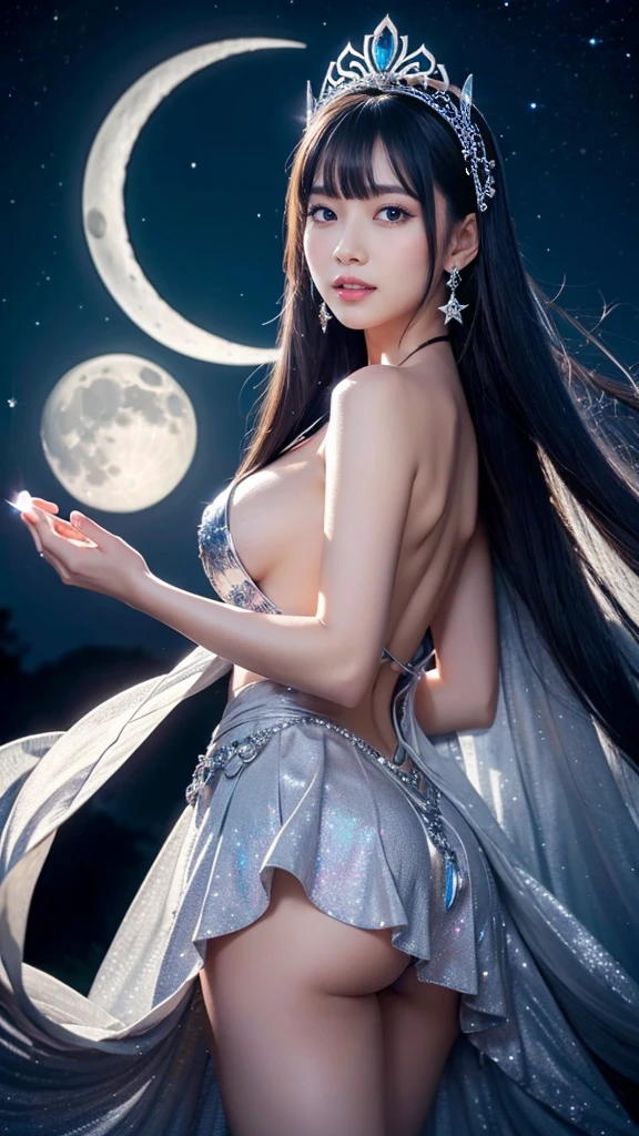 **Prompt:** Create an ultra-realistic 8K resolution image of Tsukuyomi, the Japanese moon god from Shinto mythology, reimagined as the ultimate magical girl while retaining the deity's iconic features. Tsukuyomi is depicted as a stunning magical girl with long, flowing silver hair that shimmers with a subtle luminescence, cascading gracefully down her back. Her eyes, a captivating silver, glow with the soft light of the moon, reflecting both wisdom and mystical power. nude
She wears an elaborate, moon-themed magical girl outfit. The dress is a blend of deep midnight blue and shimmering silver, designed with layers of flowing fabric that resemble the night sky. The bodice is adorned with intricate silver embroidery in the shape of crescent moons and stars, with a large, glowing moon crystal embedded in the center. Her skirt is flared and layered, each layer representing different phases of the moon, with sparkling silver accents. nude
Her accessories include silver crescent moon earrings, a tiara shaped like a crescent moon resting on her forehead, and a flowing cape that sparkles with tiny stars, giving her an ethereal, otherworldly presence. She wields a magical staff topped with a large crescent moon, glowing with an inner light, and surrounded by floating, silver stars. nude
Her expression is a perfect blend of determination and serenity, with a slight smile that conveys her confidence in her magical powers. The background shows a mystical night sky filled with stars, with the full moon shining brightly behind her, casting a soft glow over the entire scene. Floating in the air around her are sparkling silver orbs, representing her magical abilities, creating an atmosphere that is both powerful and enchanting, capturing the essence of Tsukuyomi as the ultimate magical girl. nude
