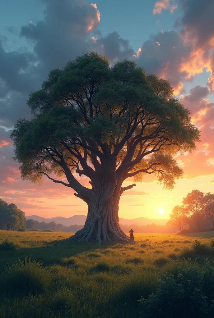 An open field, with lawn and a huge tree in the center of the photo, the tree has huge trunks, the sky is sunny at the end of the day with the sunset, rot, orange and blue