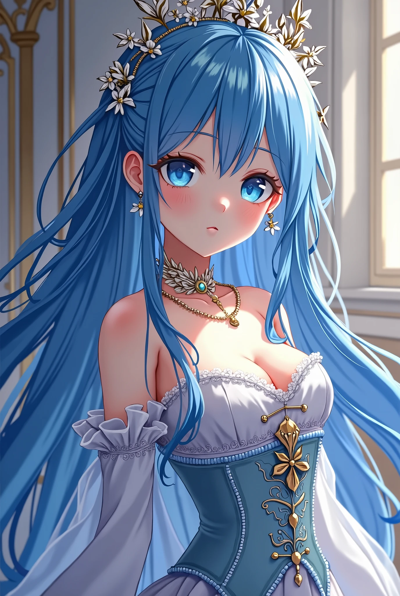 Anime teenage girl with long blue hair, blue eyes, with formal clothes and jewelry