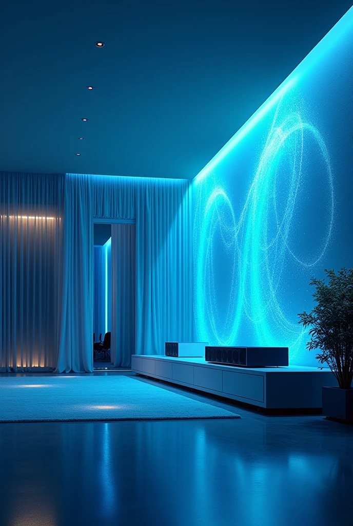 surround sound, immersive sound, powerful sound, bass impact, blue color,