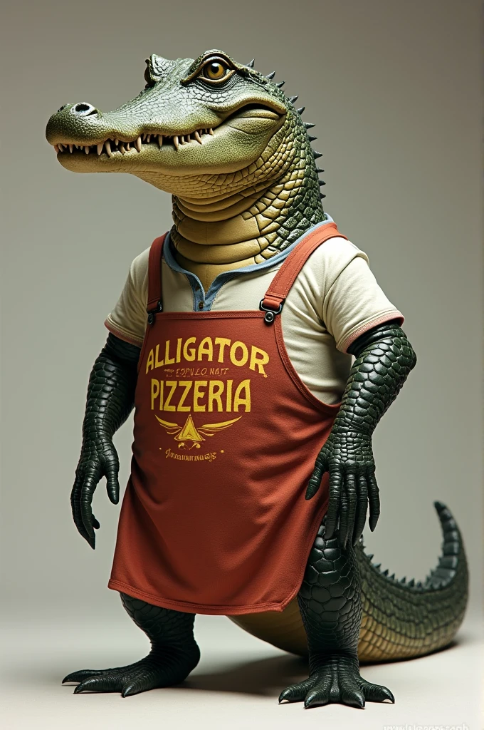Realistic alligator wearing clothes with print saying alligator pizzeria 