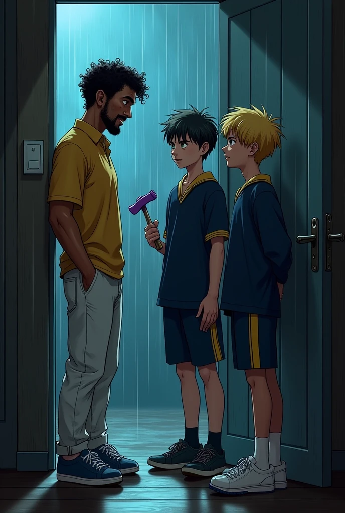 "In a dimly lit room with the sound of rain tapping against the window, the medium height, medium build white man with short, curly black hair, white skin, brown eyes, and a goatee is dressed in his classic yellow dress shirt, white pants, and blue sneakers. He is in his room with two age boys. One is skinny, with spiky hair, a few pimples, and holding a purple hammer, while the other is blonde with green eyes. Both teene dressed in dark blue school uniforms with yellow trim. The three of them are huddled together, deep in discussion, carefully planning something. The atmosphere is tense yet focused as they strategize amidst the rainstorm outside."