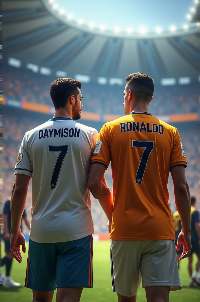 an adult with the real Madrid shirt with the name "daymison" number 7 on his back walking around the stadium and Cristiano Ronaldo with the al Nassar team shirt with the name "Ronaldo" with the number 7 on his back walking with daymison and talking (hair Cristiano Ronaldo short)
