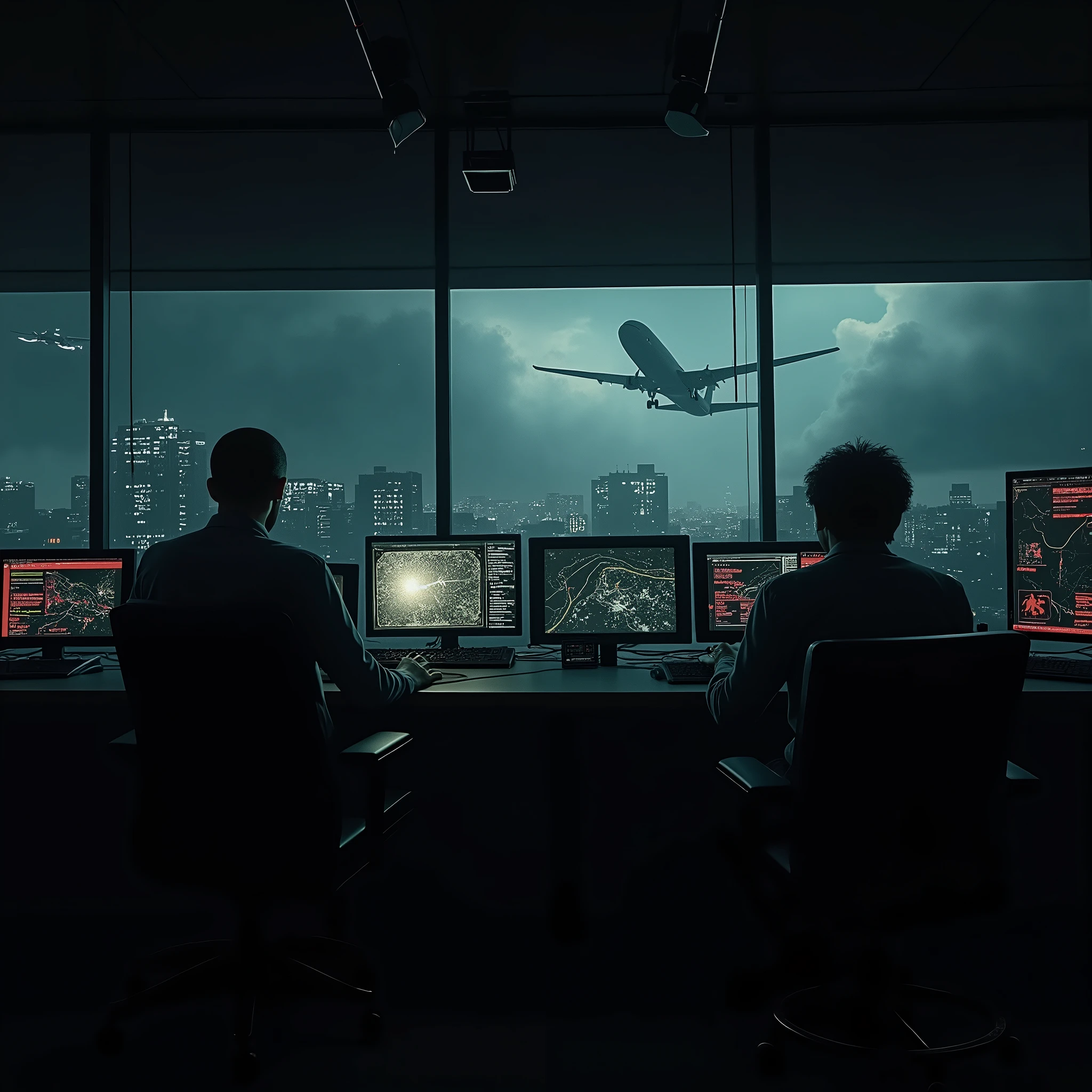 Inside a dimly lit air traffic control room, desperate operators attempt to establish contact with a lost aircraft. The room is filled with flickering monitors displaying static, red alert messages, and ominous flight paths. The operators are shrouded in shadows, their faces etched with fear and desperation. The atmosphere is thick with tension, as dark clouds loom outside the control tower windows, reflecting the growing dread. The scene is dominated by an eerie glow from malfunctioning equipment, casting unsettling shadows that seem to close in on the operators. (extremely detailed CG unit 8K wallpaper, Artwork, best quality, ultra-detailed, hdr:1.2, dark and terrifying atmosphere, eerie lighting, horror vibes)