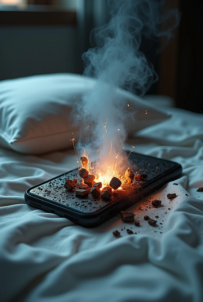phone exploded on bed under pillow
