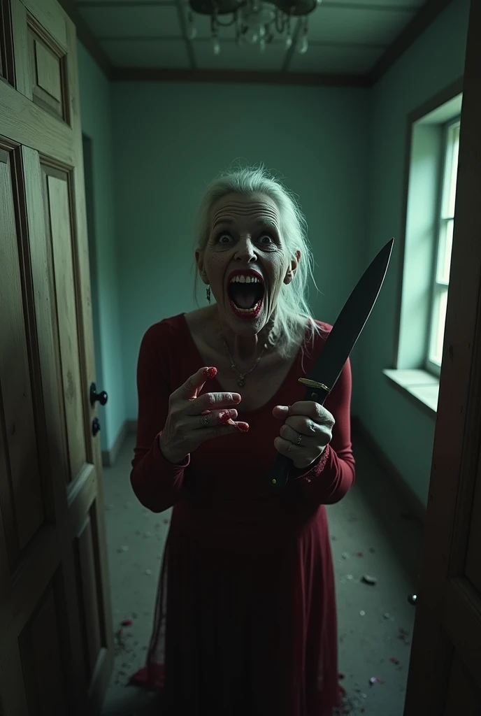 Room in abandoned house, maniac old woman with a creepy smile holding a knife inside the room, the old woman has a zombified appearance, the old woman has a red look