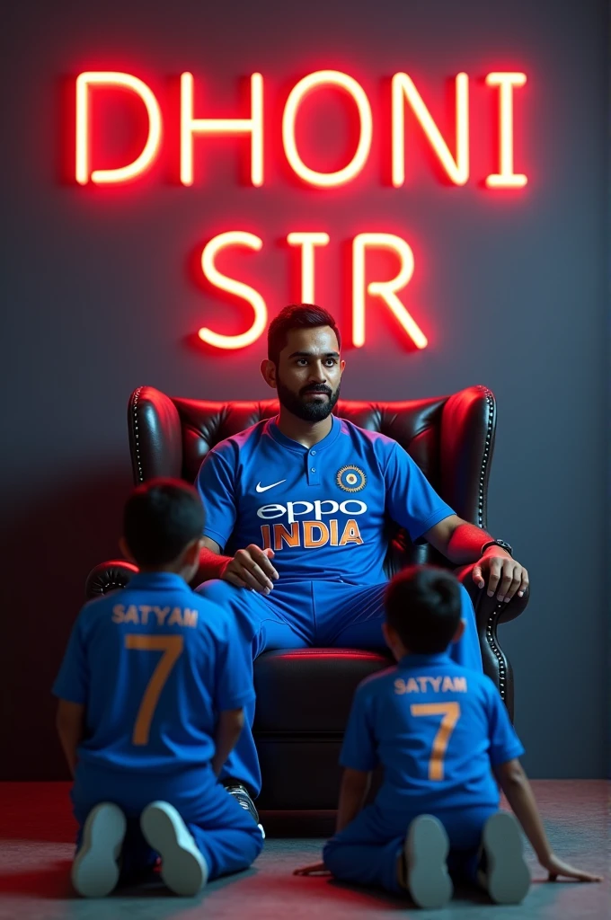 Create a 3D illusion for a profile picture where Mahendra singh dhoni wearing indian blue jersy sitting on a wingchair with side look to blessing a 2 boy by laying his right hand on boy heads. The boy pray before him, because 2 boy is die hard fan of this cricket player. The boy also wearing blue sport t shirt name " SATYAM " and also put 7 at below. The background features " DHONI SIR " in big and capital red neon light fonts on the dark grey wall.