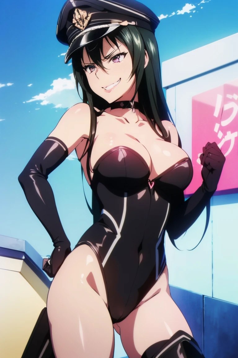 beautiful, masterpiece, ultra detailed, extremely detailed, ultra high res, 8k, beautiful detailed face, anime screencap, heart shaped face woman, (black hair:1.2), long hair, hair between eyes, large breasts, fearless face, sharp face, slant eyes, cat eyes, 170cm tall, adult, perfect proportion, (((black high-leg leotard, black clothes))), (((bare shoulder))), cleavage, (((thigh boots))), choker, (((military cap))), anime style, extremely ultra detailed beautiful face and eyes, front view, raw phot, incredibly absurdres, Beautiful portrait of cute anime girls, super fine illustration, full-hd, hdr, best aesthetic, distinct, exquisite, masterwork, by famous artist, highers, (((perfect anatomy))), mocking, (((rape face))), (((evil grin))), intense eyes, sadistic, gleaming skin, oil skin, slut face, full-face blush, smirking, mischievous grin, furrowed mouth, both legs, pouty lips, downturned corners, rosy hue, grin widely, cheeky smirk, (((bad-tempered glare))), gloating, crazy smile, scary face, cruel smile, fang, connected teeth,, (((elbow gloves))), (((big connected teeth)), glare, grimace, smirk, (((scowling face))), smile broadly, symmetrical eyes, even eyes, perfect eyes, (((squinting eyes))), deep detailed eyes, shiny clothes, 1girl, solo, smug, smile grimly, (((dimpled smile))), pink eyes, (((upper body shot and standing))), (((laugh))), (((pleasure face))), (((brutality face))), (((scary face))), (((fang))), super detailed skin, official art, production art, top quality, high quality, amazing quality, finely quality, fantastic, professional quality, perfect hands, perfect arms, both arms, two arms, both hands, two hands, cleavage cutout, bare collarbone, shiny hair, anime best girl, cel anime, (((upper body shot))), (((clear eyes, light eyes, shiny eyes))),