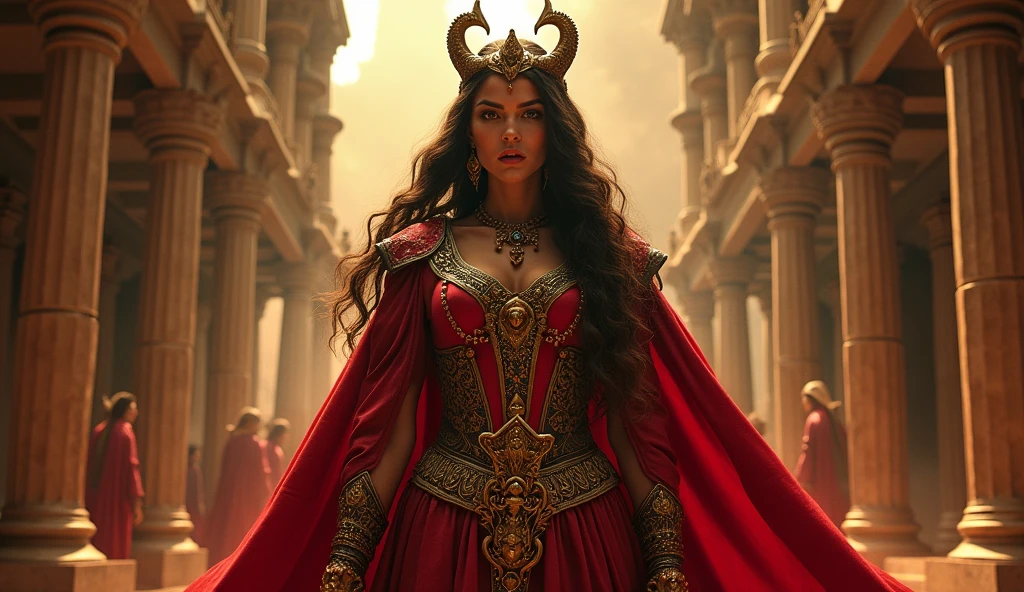 Create a vibrant and powerful image of Jezebel, the biblical queen, as if she is narrating her story directly to a camera. She should be positioned facing forward, with an expression of malevolence and determination. Dress her in richly ornate clothing in striking colors, such as deep reds and golds, which exude power and opulence.
The background should reflect the decadence and corruption of her reign, featuring symbols of Baal worship, altars, and elements that suggest an environment of idolatry and demonic rituals. Include details that showcase Jezebel's influence and control, such as prophets in danger or the construction of Baal temples, represented in the background or as part of the scene.
The camera should capture Jezebel in a commanding pose, demonstrating her cruelty and influence. The image should convey a sense of tension and drama, highlighting the significance of her narrative and the impact of her actions.