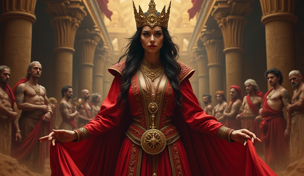 Create a vibrant and powerful image of Jezebel, the biblical queen, as if she is narrating her story directly to a camera. She should be positioned facing forward, with an expression of malevolence and determination. Dress her in richly ornate clothing in striking colors, such as deep reds and golds, which exude power and opulence.

The background should reflect the decadence and corruption of her reign, featuring symbols of Baal worship, altars, and elements that suggest an environment of idolatry and demonic rituals. Include details that showcase Jezebel's influence and control, such as prophets in danger or the construction of Baal temples, represented in the background or as part of the scene.

The camera should capture Jezebel in a commanding pose, demonstrating her cruelty and influence. The image should convey a sense of tension and drama, highlighting the significance of her narrative and the impact of her actions.

