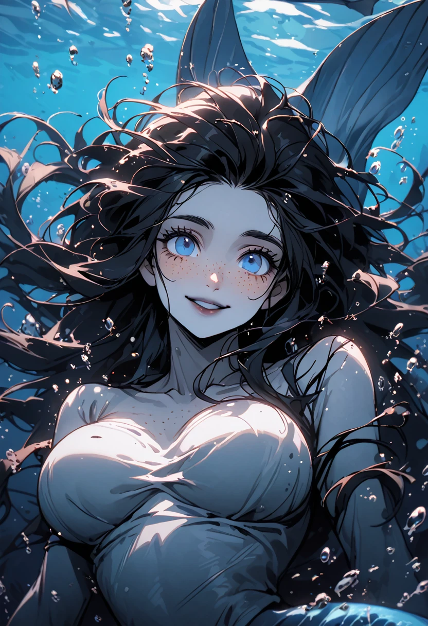 solo, female mermaid, dolphin mermaid, close up, long messy black hair, underwater, blue eyes, very large breasts, grey skin, long eyelashes, dressed in rags, smile, freckles, underwater, medieval, pelvic flippers, poor