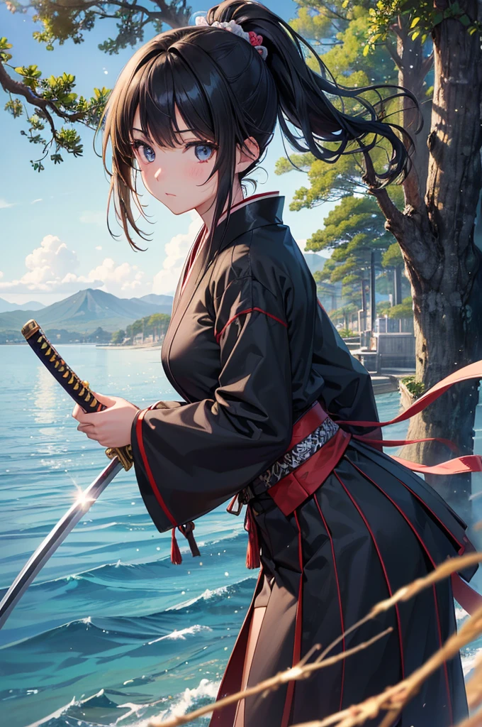 (16K,Ultra-high resolution,Highest quality,masterpiece,Super detailed,Attention to detail,Very vivid CG),Photographed from the front,((Dark-eyed quarter Japanese and quarter British:1.3)),((A high school girl with black hair and a ponytail holding a Japanese sword)),Dyed blonde hair black,Japanese style kendo uniform and skirt,Anatomically correct body:1.3,Highly detailed facial features, Beautiful and perfect face, Perfect Eyes:1.3,Best Anime,The best CG,Very beautiful pine and sea,Sky reflected in the sea,Detailed background,Tree Eyes,A sad expression,Sad,Pine trees line both sides