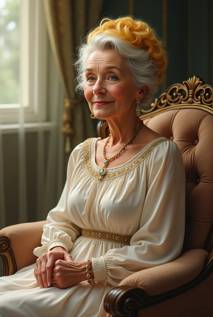 A grandmother with yellow hair,with a beautiful dress,with bright blue eyes,with a beautiful hairstyle,and that she is sitting in a chair