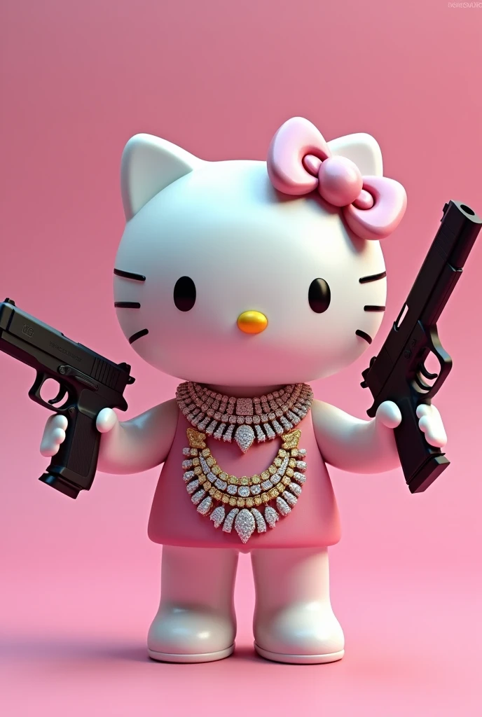 (Hello Kitty white) (3D format) (empty pink background) She has some diamond Cubans on her neck, In one hand he holds a black Glock, In the other hand he has a revolver