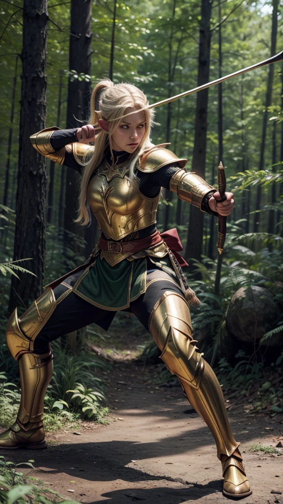 photo realistic image, strong elf with golden armor, at a forest, holding his bow in combat stance.