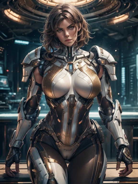 masterpiece, best quality, ultra realistic, hyper-detailed, 8k resolution, RAW photo, champion, sharp focus, Lauren Cohan, (1girl), solo, gorgeous face, perfect body, mature female, 25yo, portrait, mecha, white armor, nanosuit, sexy, golden brown messy hair, round breasts, wide hips, slim athletic body, thick thighs, cinematic, cinematic light, dark theme, "looking at the viewer"