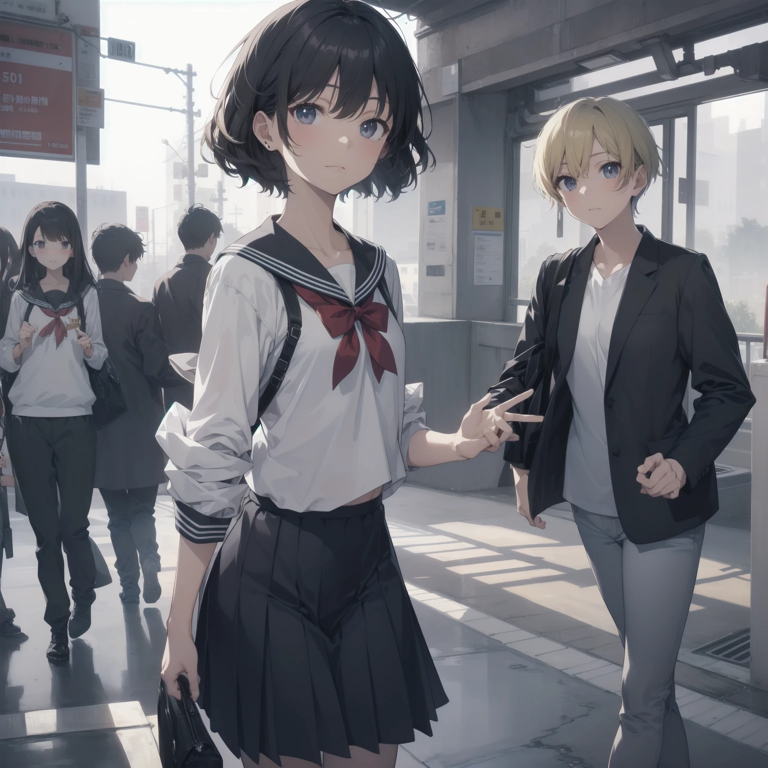 ultra-absurdres-Top quality by artist God, ultra-detailed, high resolution, anime moe artstyle, best anime 8k konachan wallpaper, pixiv contest winner, pool:2810, perfect anatomy,break, 1girl, (Please draw a girl walking sleepily to school alone. )break,(Solo,little female,15yo:1.3),Full limbs, ,a junior high school student, (very short hair), short cut, flat chest, , small butt, small black eyes, beautiful detailed eyes, well-proportioned iris and pupils, expressive eyes, highres detailed hair, soft expression, salor school_uniform, sailor collar, serahuku, bow, pleated skirt,(Detailed Lighting), (Detailed background), in the School commute route. break,super detailed skin, Best cinematic lighting powered by famous artist, 8k,beauty illustration,photoshop_(medium),very aesthetic,break,((artist:takeuchi_takashi )), artist:clamp ,artist:carnelian ,artist:kantoku ,
