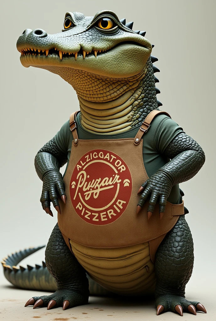 Realistic alligator wearing clothes with print saying alligator pizzeria