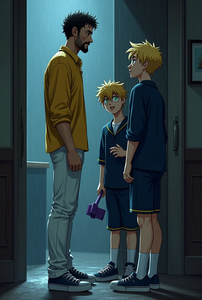"In a dimly lit room with the sound of rain tapping against the window, the medium height, medium build white man with short, curly black hair, white skin, brown eyes, and a goatee is dressed in his classic yellow dress shirt, white pants, and blue sneakers. He is in his room with two teenage boys. One is skinny, with spiky hair, a few pimples, and holding a purple hammer, while the other is blonde with green eyes. Both teens are dressed in dark blue school uniforms with yellow trim. The three of them are huddled together, deep in discussion, carefully planning something. The atmosphere is tense yet focused as they strategize amidst the rainstorm outside."