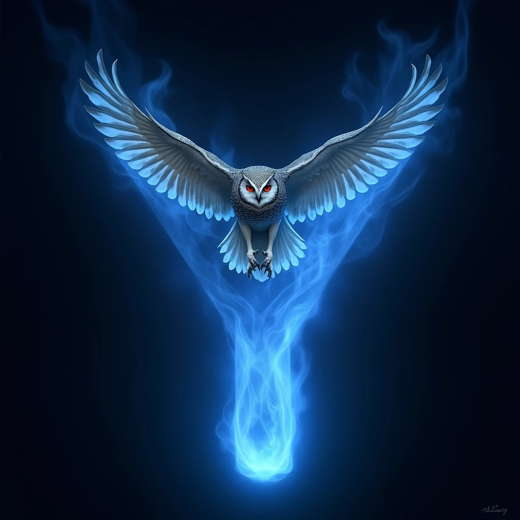 ((realisitic)) A red-eyed owl, flying over the blue fire letter Y