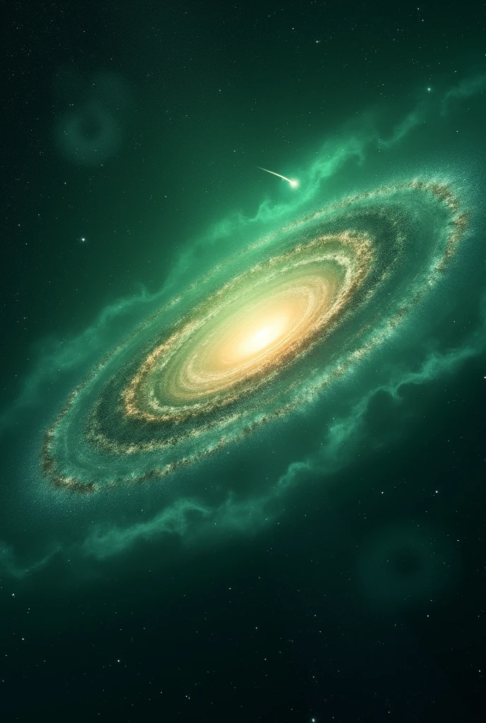 create the Andromeda galaxy with a dominant green color sprinkled with stars and comets