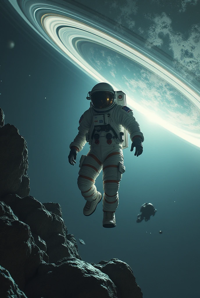 Imagine an astronaut floating in space, next to the remains of a spaceship, orbiting a planet with rings, The spacesuit looks old and damaged.