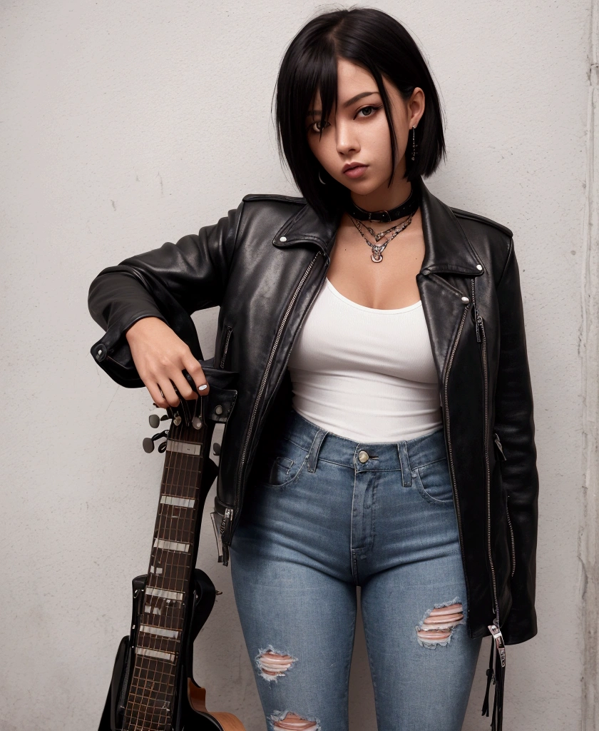don't fuck bad guitar, young woman, electric guitar, short black hair. sexy, beautiful, tanned skin. ripped pants at the knees and thighs, black jeans, white shirt, black leather jacket, dark brown high boots with tassels, professional photography, masterpeace