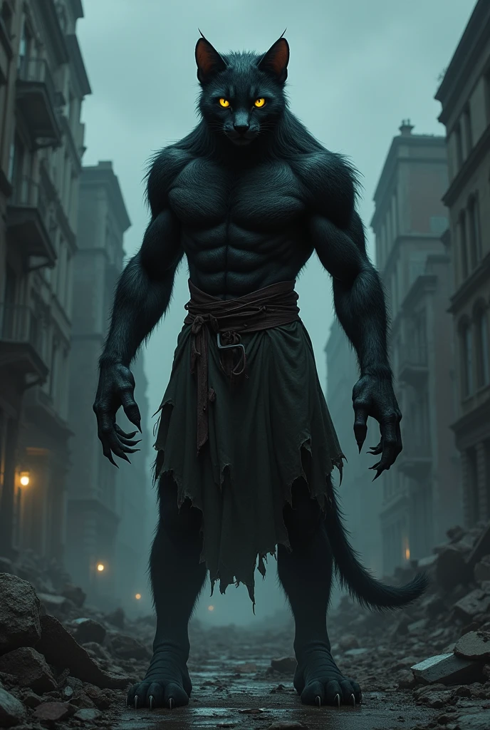 furry humanoid cat man with black fur, yellow eyes, big cat claws, Veterinarian's dress in the 1890s, tall build, stooped, gloomy, scratched, hurt. In the streets of an abandoned city at night. night sky, obscure, destroyed city, city attacked, tall looking cat man, musculosa y stooped