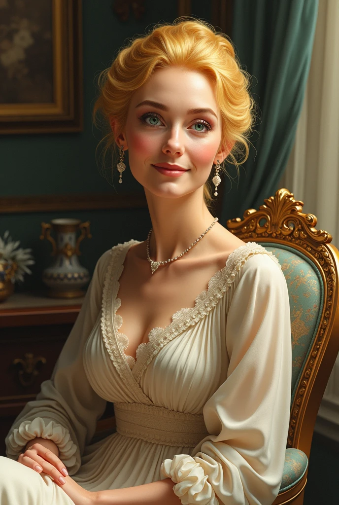 A grandmother with yellow hair,with a beautiful dress,with bright blue eyes,with a beautiful hairstyle,and that she is sitting in a chair 