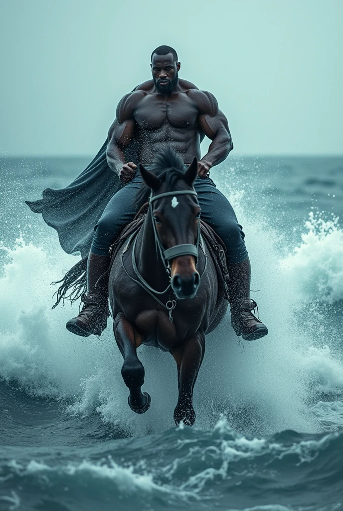 Black man riding a horse in the sea 