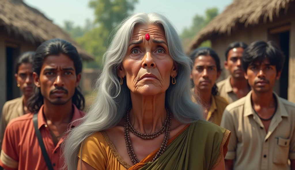 An elderly woman with a concerned expression, warning a group of villagers. She has long grey hair and wears traditional Indian clothing. The villagers, a mix of young men and women, are smiling and looking skeptical. The scene takes place in a typical rural setting with simple village houses in the background."