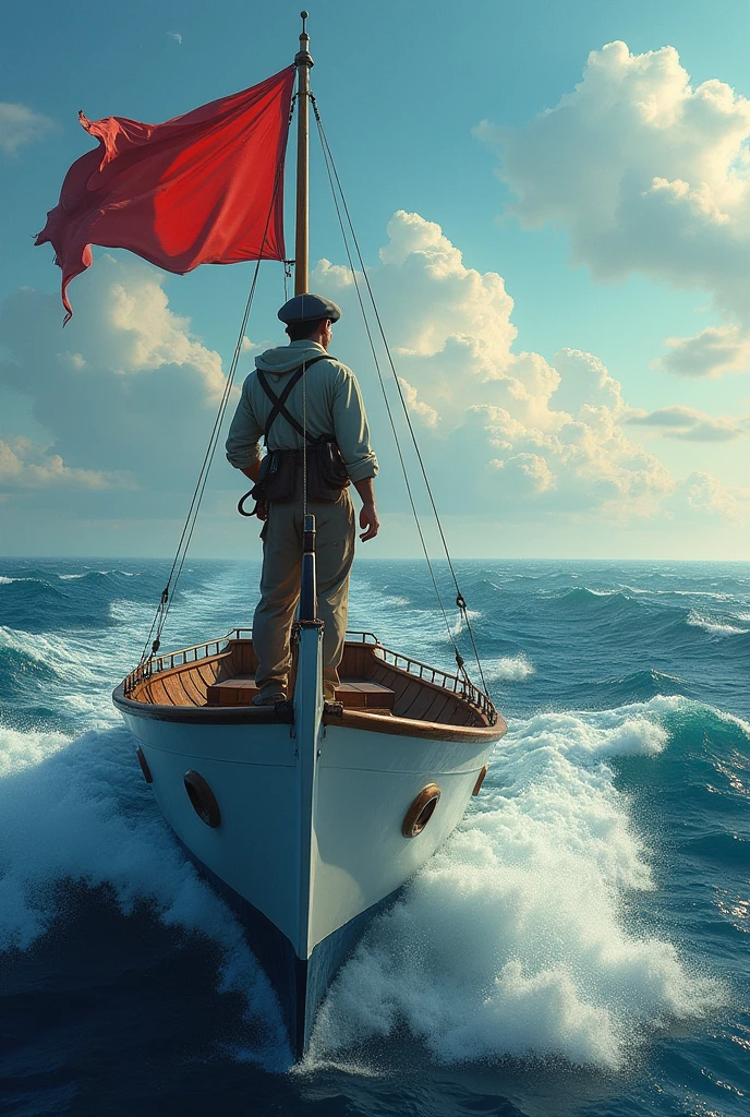 Part 1: The Sailor and the Sea Description:
A sailor is standing on the bow of a ship, looking at the sea. The ship advances quickly, cutting through the waves like a dolphin. The wind sways a flag attached to the mast.

Text in the Comic:
"What does it matter where a sailor comes from?, Where is the son?, what is your home? Love the cadence of the verse That the old sea teaches you!"