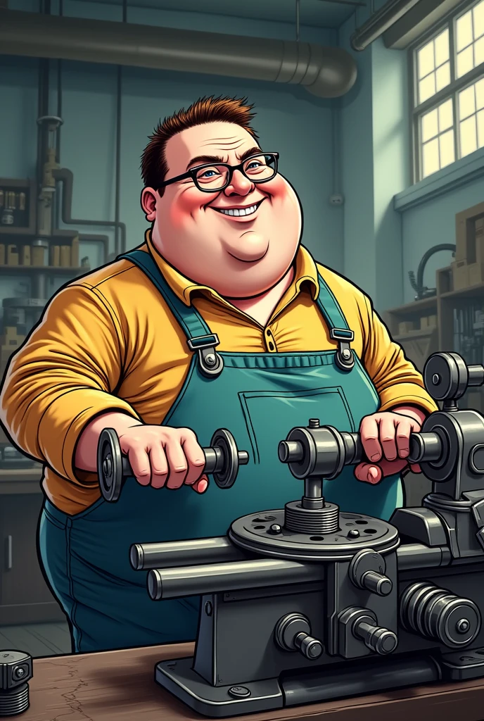 A short fat lathe operator at a lathe with glasses in comic