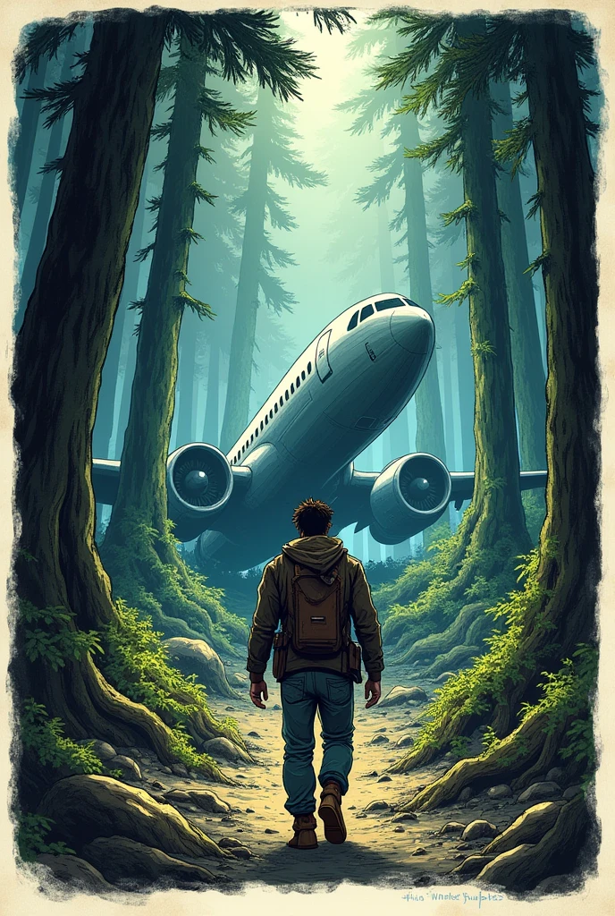 I need to create a comic strip where a person appears in a forest with a crashed plane, do it in a drawing style