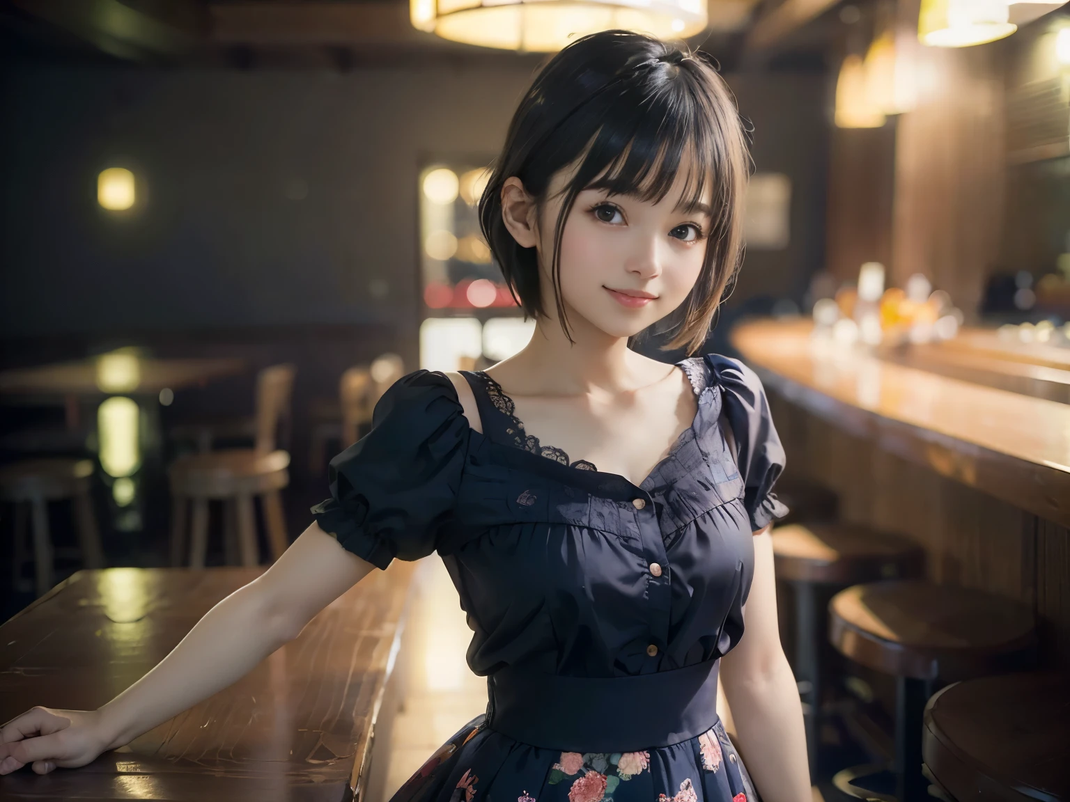 (Highest quality, masterpiece, Ultra-high resolution, 8k, RAW Photos, Realistic, Anatomically correct:1.5), 20-year-old girl:1.2, Embarrassing, avert your eyes, blush:1.0, View Viewer, ((bar)) 、Large windows、Night view、 Light:1.2, Bokeh, Cinema Lighting:1.0, Depth of written boundary, sharp、 Cute Face、Idol、(Black short sleeve lace top)、(Black tulle skirt)、(Navy blue clothes)、(Floral clothes)、”dwarf”、(Full Body Shot)、(Side angle)、Cowboy Shot、( smile)、((Ultra short hair、Berry Short))、(Straight bangs)、((See-through))、(( One woman))、look back、I can see your belly button、