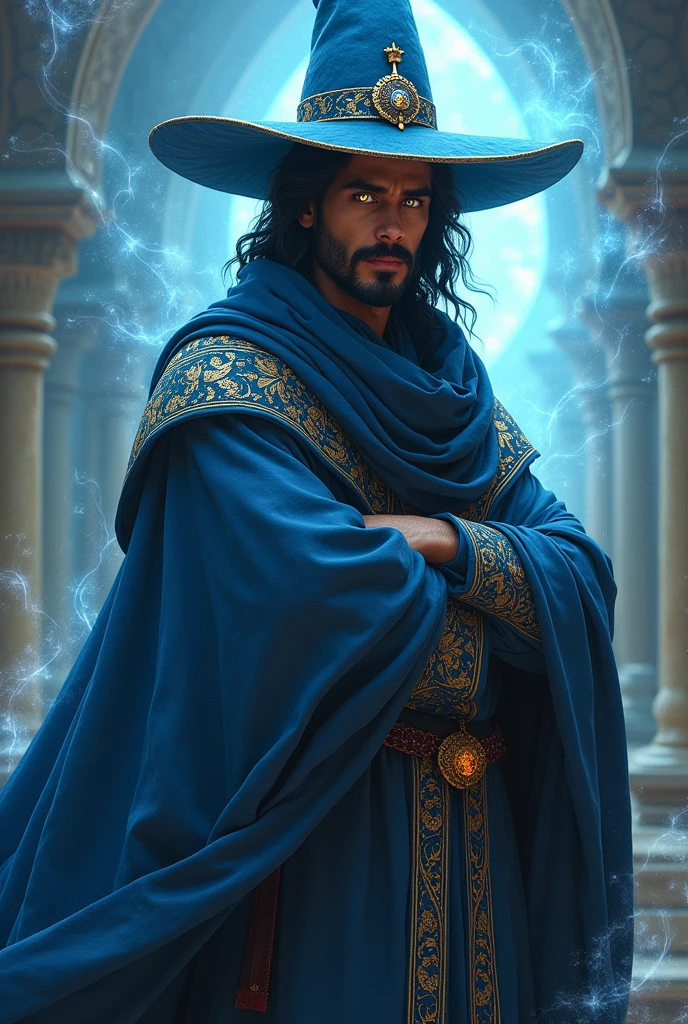 Young wizard in blue arabic cape with mustache and hat 