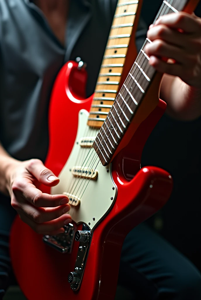 A red fender stratocaster guitar with hands playing it 