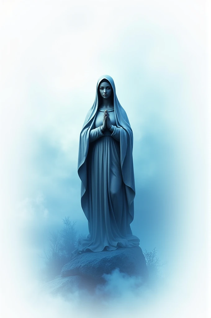 Create an image with a white background and shades of blue that has the representation of the image of Our Lady of Aparecida in black in the center and that has the phrase "Our Lady Aparecida, teach us your example" writing