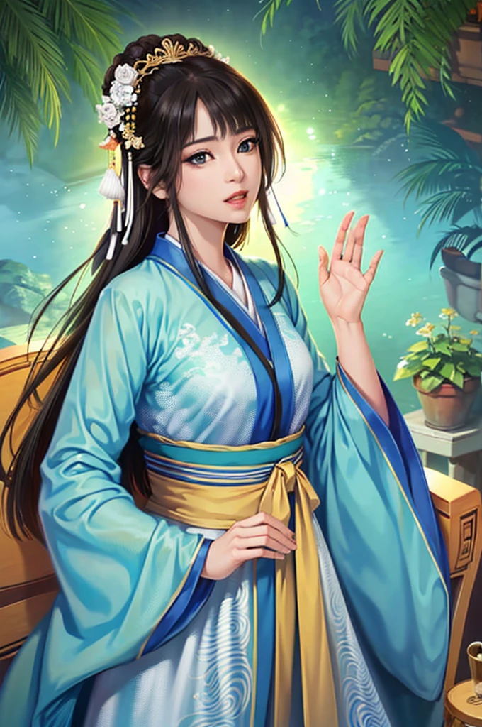 Starry sky landscape、shooting star、 (Highest quality,4K,8k,High resolution,masterpiece:1.2), Very detailed, (Realistic,Realistic,Realistic:1.3), High resolution, Hyper HD, Studio Lighting, Ultra-fine painting, Sharp focus, Physically Based Rendering, Very detailed説明, Professional, Vibrant colors, Bokeh, Sports Late Night, Traditional Chinese Painting Techniques, Atmospheric lighting, Vivid color contrast, Ethereal atmosphere,Very detailed目と顔, Beautiful attention to detail, Light on the face,Hanfu 、(Hanfu: 1.1)、、(Green Eyes: 1.1)、Eyes are green、Slim figure、Small breasts、Sexy pose