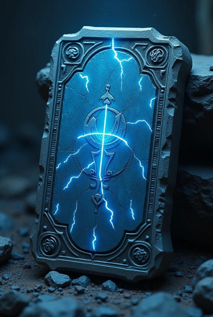 Blue emissive cracked stone tablet with symbols , 3D stylized