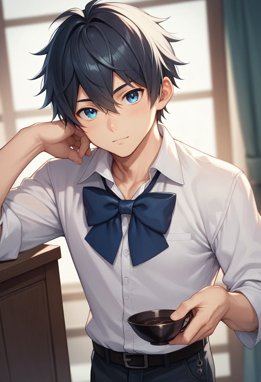 1boy, male_focus, solo, blue_eyes, small-testicles-1, otoko_no_ko, wearing-a-business-suit-1, looking_at_viewer, hair_between_eyes, seiza, black_bow, black_hair, hair_bow, medium_hair, bangs, highest-quality-1, excellent-quality-1, best-quality-1, best-eyes-1, highest-quality-eyes-1, best-hands-1, best-quality-hands-1, perfect-face-1
