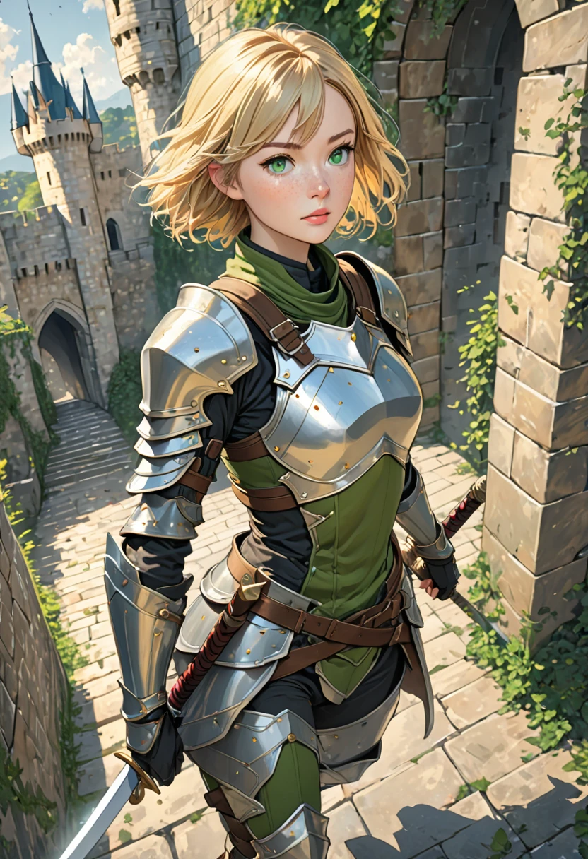 Illustration, detailed illustration, ultra detailed, best quality, dynamic angle, 1girl, lithe, flat chest, beautiful, short blonde hair, green eyes, light freckles, gray armor, castle walls, carrying sword