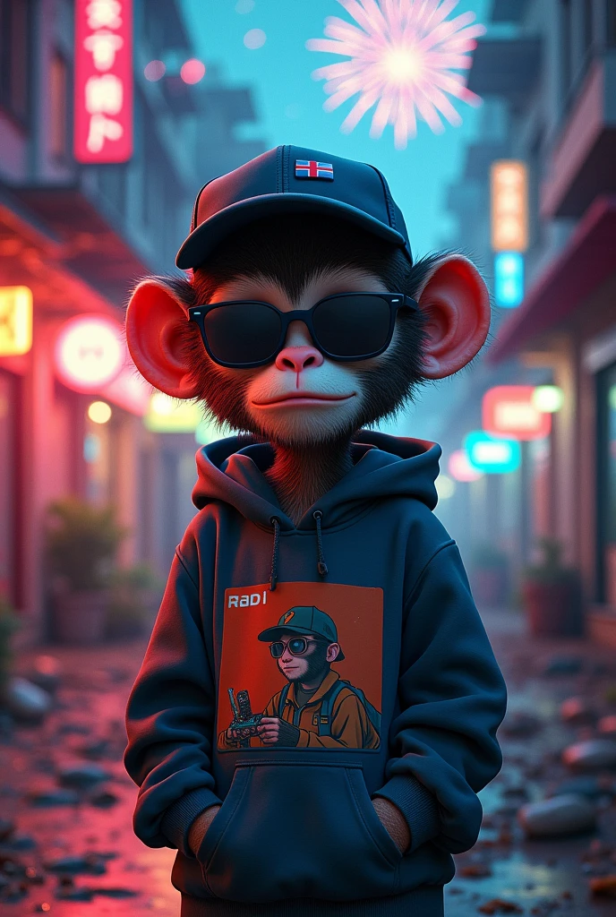 A boy with a monkey face wearing a cap and sunglasses, wearing a hoodie with a logo of a boy playing the game, in the background a poor neighborhood with colored neon lights with the name PORRITAJR9, and fireworks in the background