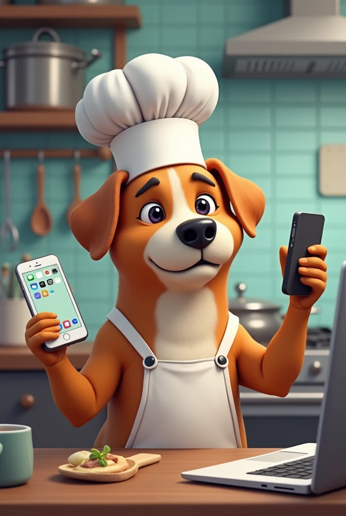A dog with a chef hat cooking, while holding a laptop and a phone. Text: "When you're trying to be productive but there are too many distractions". that it is a meme