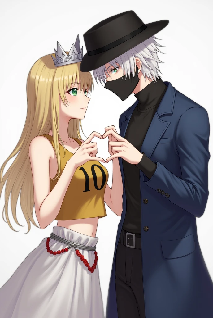 create a realistic adult female character with straight hair,blond, with a silver crown on his head,greeneyes,wearing a gold tank top with the number 10 in the middle ,showing her belly,wearing a short white skirt with red details,and next to him is a realistic adult male character, small white hair, eye white,wearing a round black hat covering his forehead, a mask that is covering up to your nose, is wearing a black turtleneck, with a long blue jacket. The two are completing a heart with their hand.