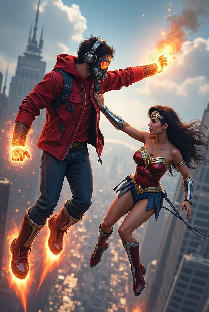 Young Star-lord with red hoodie, headphones, star-lord helmet, gas helmet, covered mouth, round red eyes, Red eyes, magic rings in the hands and rocket boots, Vs, Wonder woman (Big tits), Fighting, power, fiction, full body, 3 persons, magic lasso, hight, fall, fire in boots, poweful spells, fighting, realistic, helmet, mask, punch, gun, flying in the sky, magic portal, view of the city from above, hug, Anime