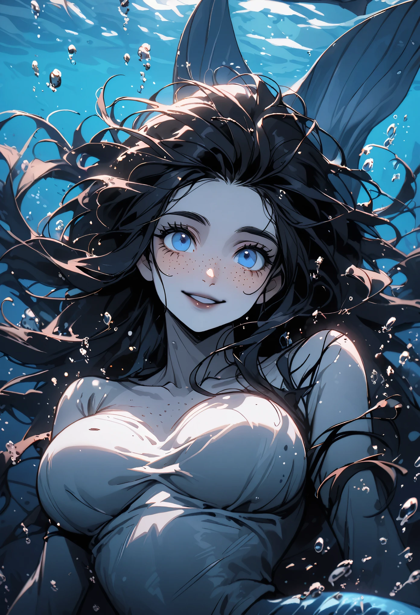 solo, female mermaid, dolphin mermaid, close up, long messy black hair, underwater, blue eyes, very large breasts, grey skin, long eyelashes, dressed in rags, smile, freckles, underwater, medieval, pelvic flippers, poor