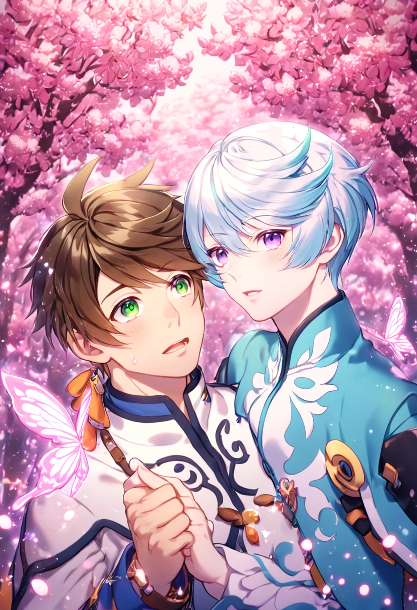 absurdres, highres, ultra detailed, HDR, master piece, best quality, extremely detailed, detailed face, detailed eyes, Mikleo, white hair, expressive purple eyes, Tales Of  Zestiria, Sorey, brown hair, expressive green eyes, two sexy men together, yaoi, gay couple, handsome, mature man, white clothes, blue clothes, under a pink tree, fantasy, magical, glittering fireflies, pink butterflies, pink flames, magic, pink leaves